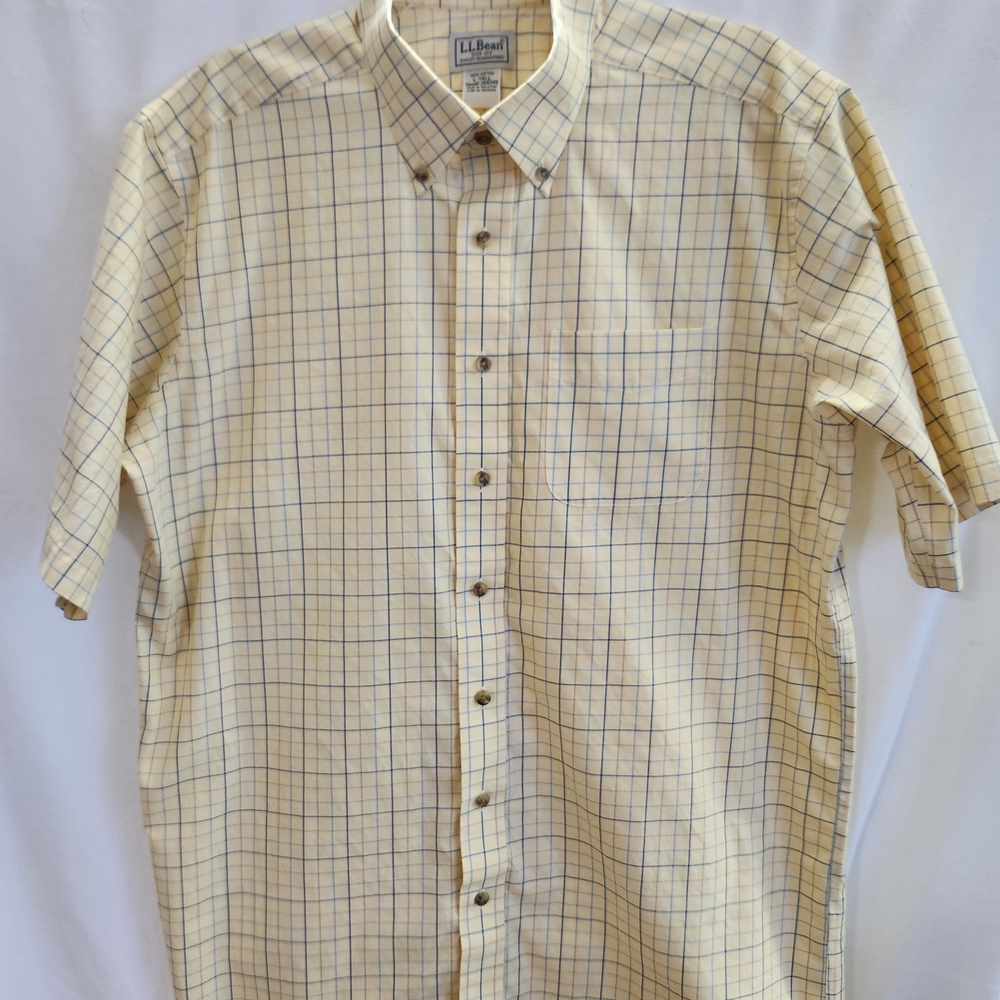 L.L. Bean Men's Yellow and Blue Plaid Short Sleeve Button Down Shirt